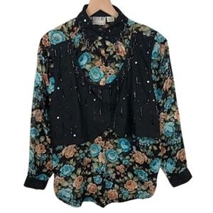 VTG Speed Limit MPH Floral Beaded Sequin Vest Overlay Shirt Women's M Western